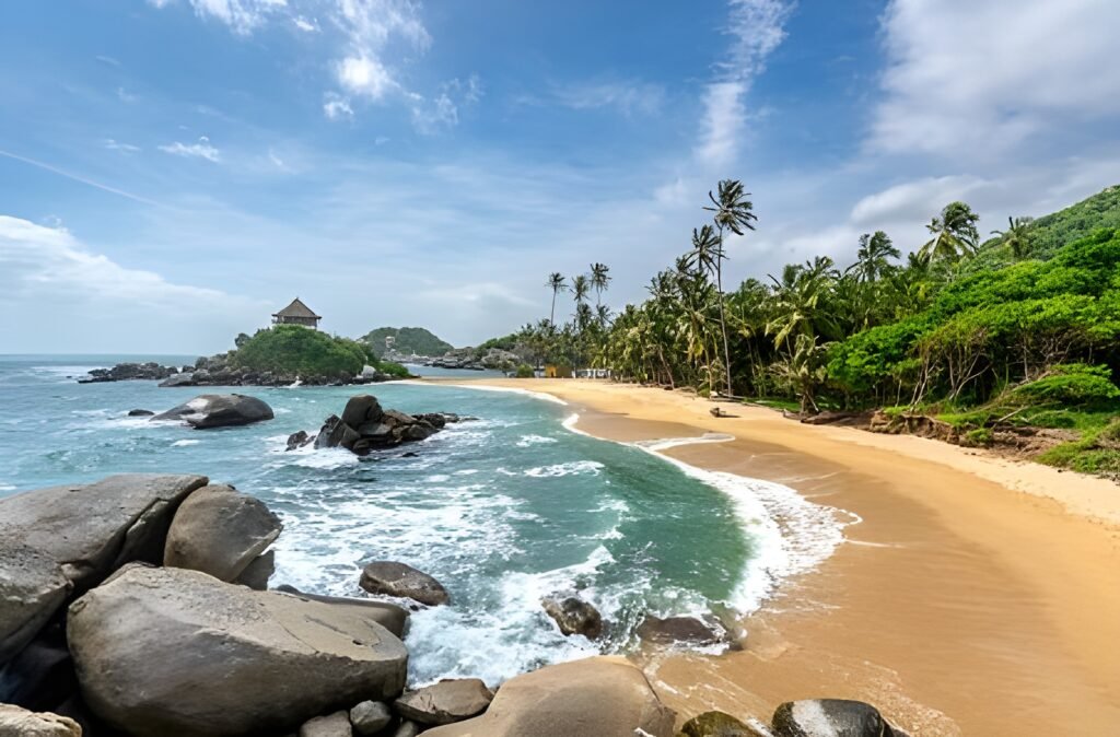 Colorful shack on a beach surrounded by palm trees in San Andres y Providencia Colombia